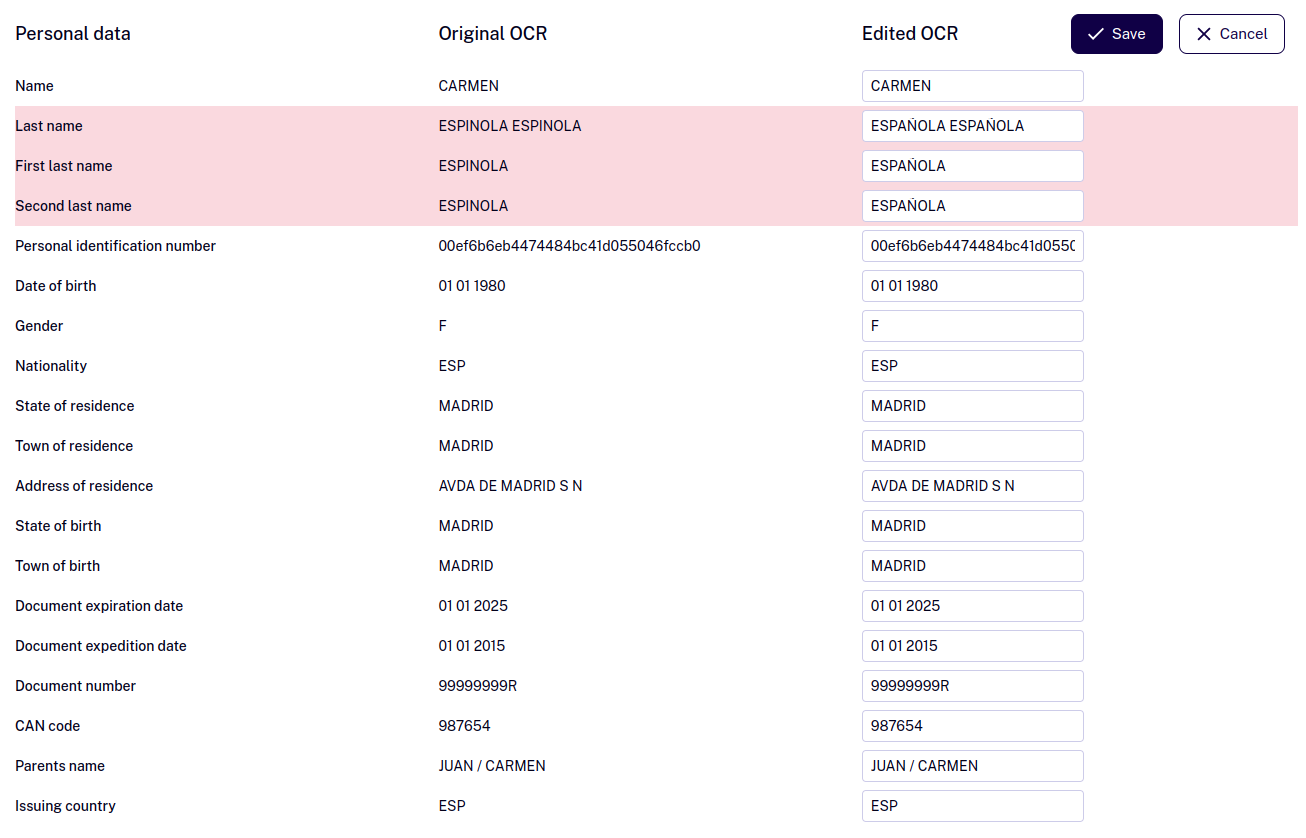 Edit OCR Document tab
