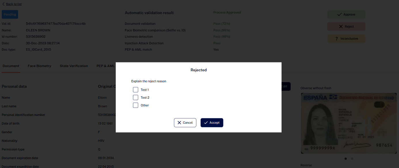 Rejected Reasons pop up RejectedReasonsPopUp