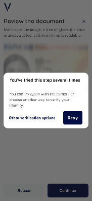 Document review screen with a dialog titled "You've tried this step several times". It tells the user they can try again with the camera or choose another way to verify their identity, and offers two buttons: "Other verification options" and "Retry".