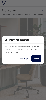 Document capture screen showing a "Document not detected" dialog. It asks the user to make sure the document is fully visible, close to the camera and free of reflections, and offers two buttons: "Get help" and "Retry".